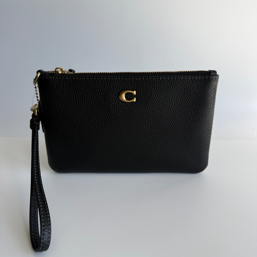 Coach Essential Small Wristlet Black Polished Pebble Leather Bag CH818